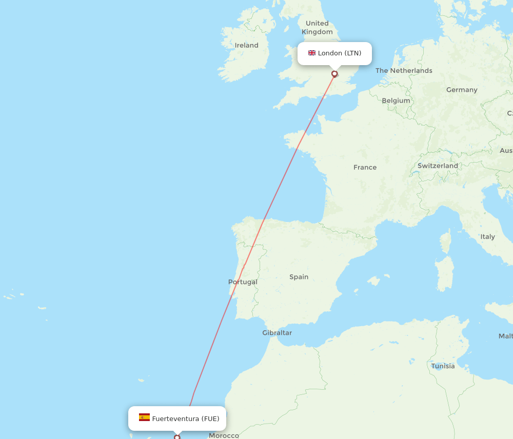 Puerto del Rosario - London route map and flight paths