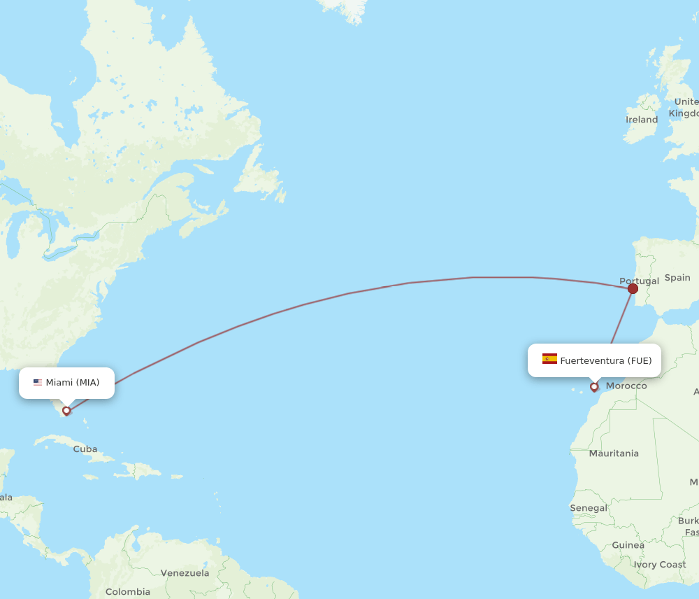 Puerto del Rosario - Miami route map and flight paths