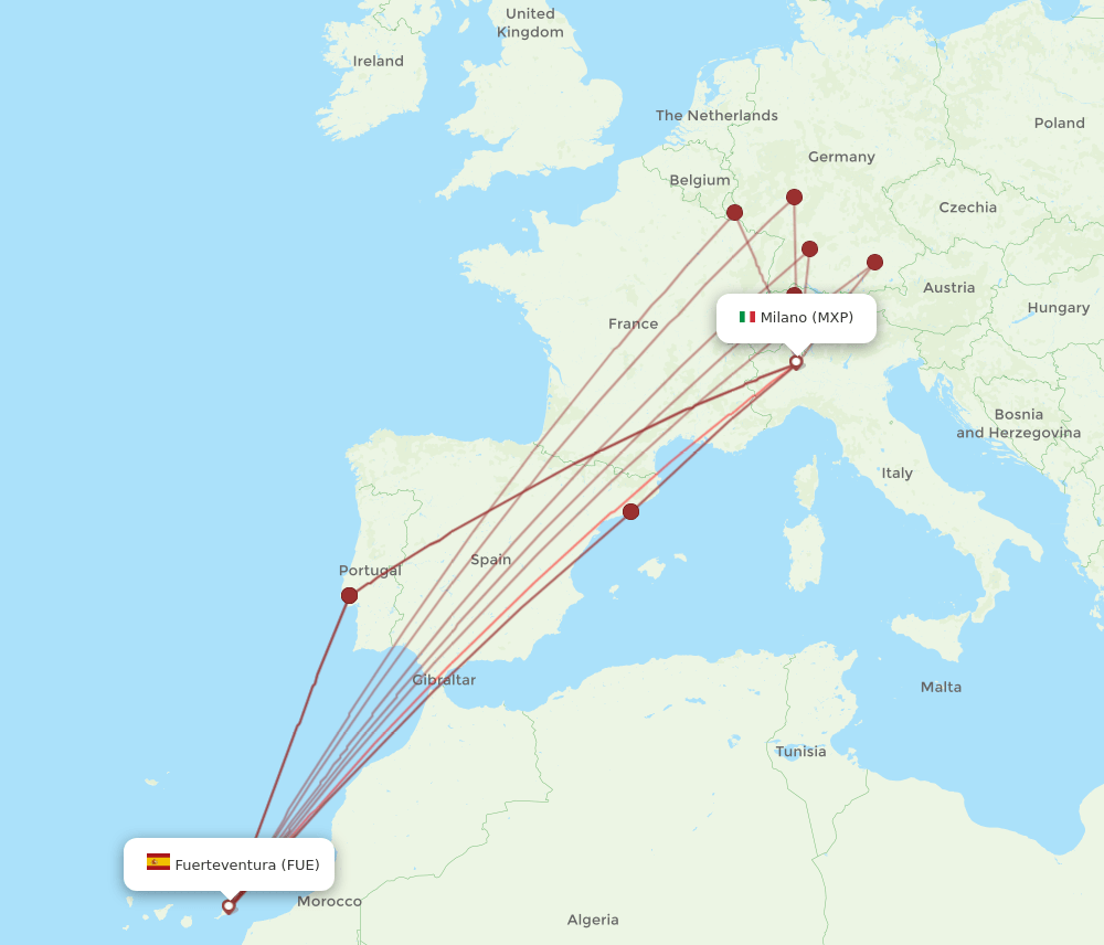 FUE to MXP flights and routes map