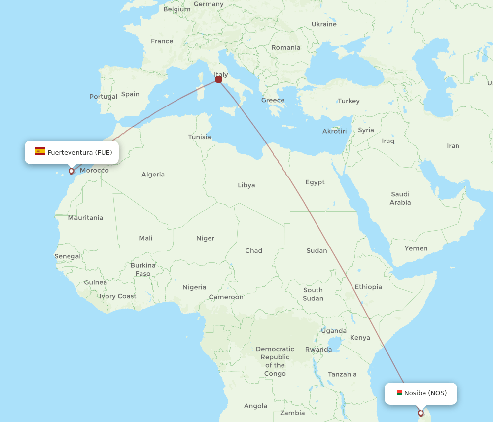 FUE to NOS flights and routes map