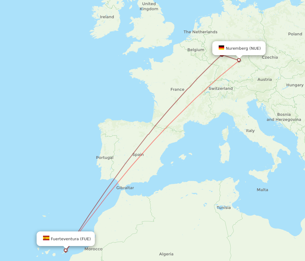 FUE to NUE flights and routes map
