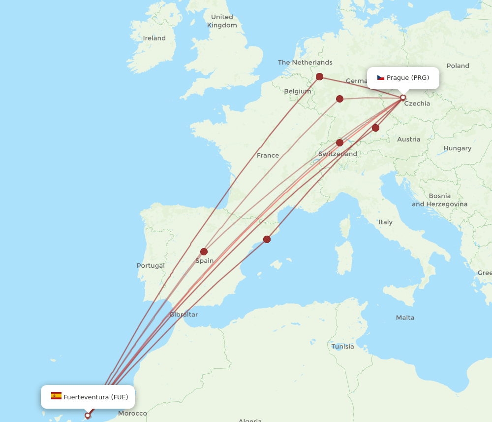 FUE to PRG flights and routes map
