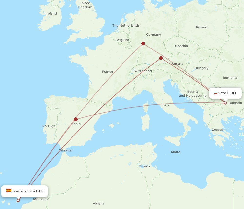 FUE to SOF flights and routes map