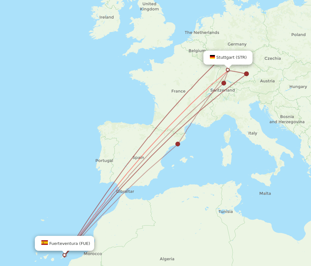 FUE to STR flights and routes map