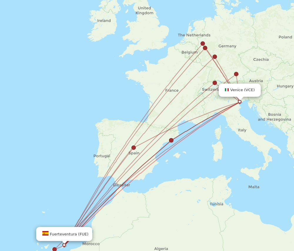 FUE to VCE flights and routes map