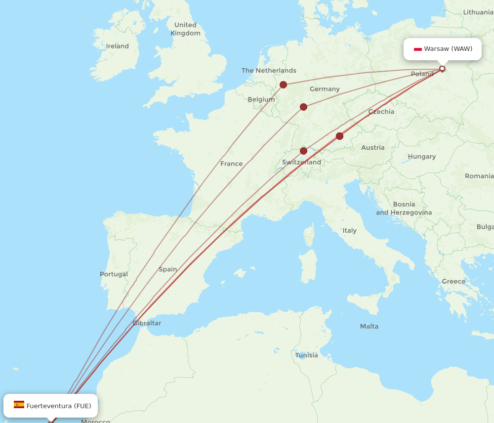 FUE to WAW flights and routes map