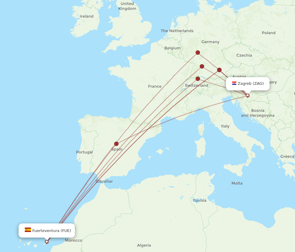 Zagreb - Puerto del Rosario route map and flight paths
