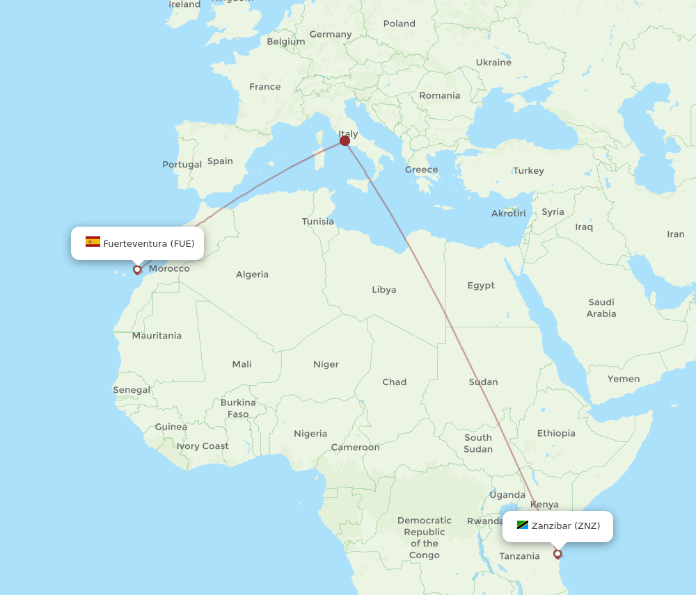 FUE to ZNZ flights and routes map