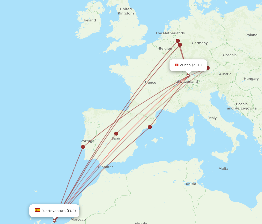 FUE to ZRH flights and routes map