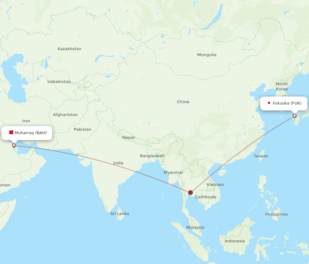 Bahrain - Fukuoka route map and flight paths