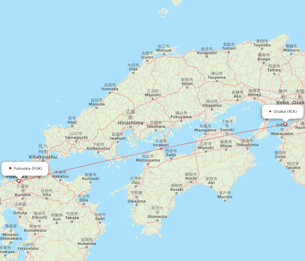 Fukuoka - Osaka route map and flight paths