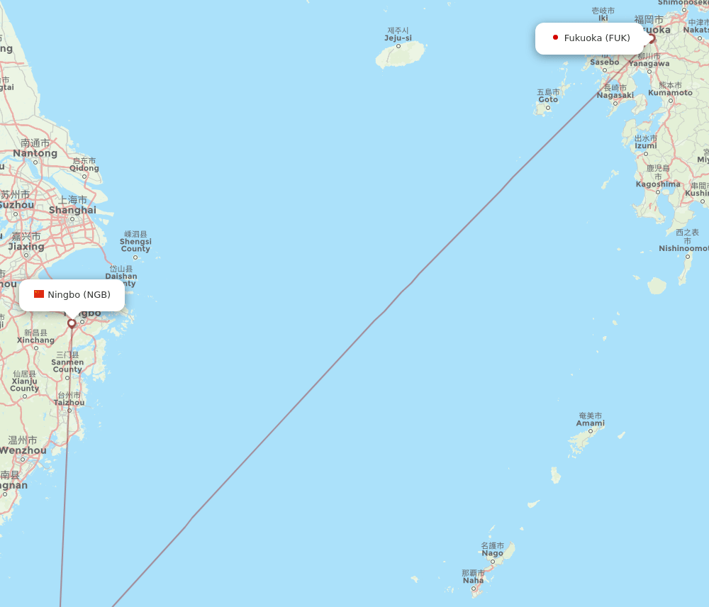 Ningbo - Fukuoka route map and flight paths