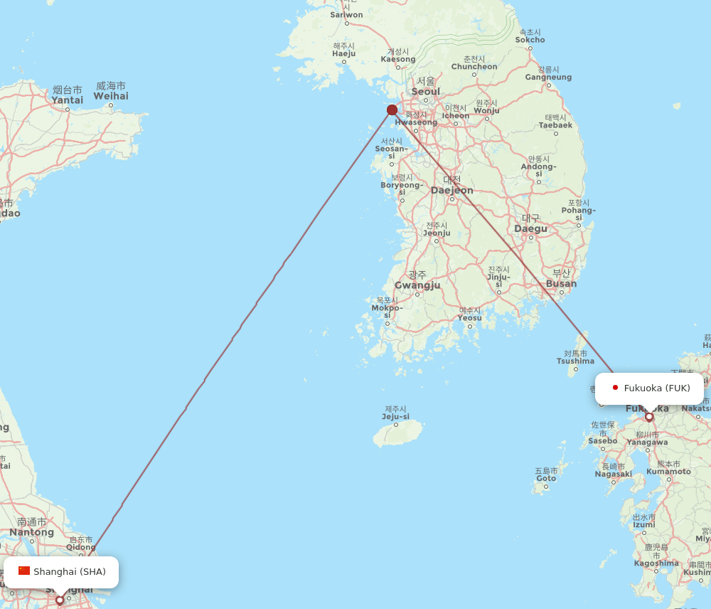 Shanghai - Fukuoka route map and flight paths