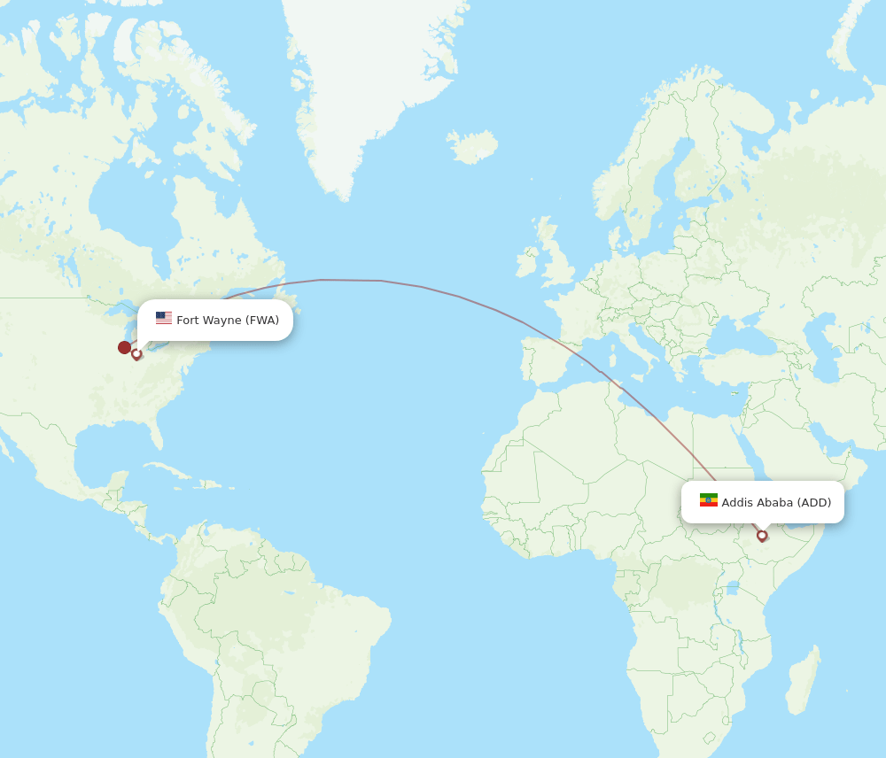 Addis Ababa - Fort Wayne route map and flight paths