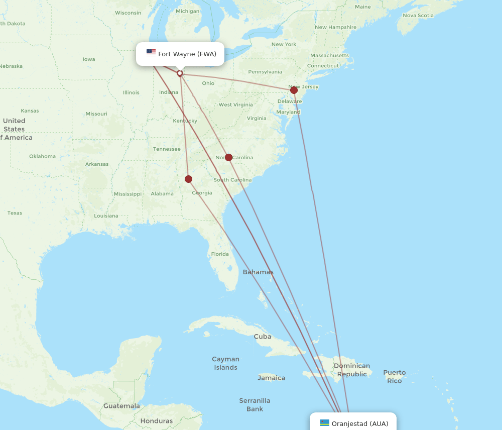 FWA to AUA flights and routes map