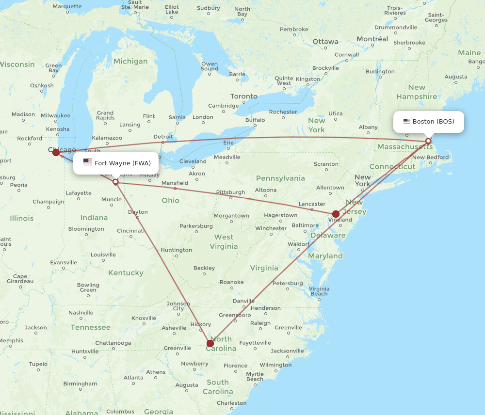 FWA-BOS flight routes
