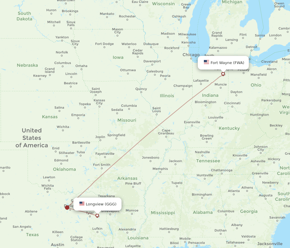 FWA to GGG flights and routes map
