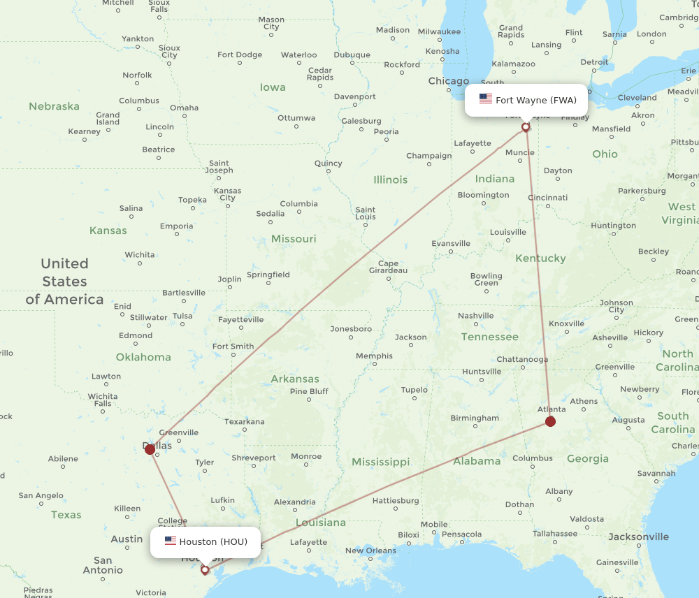 FWA to HOU flights and routes map