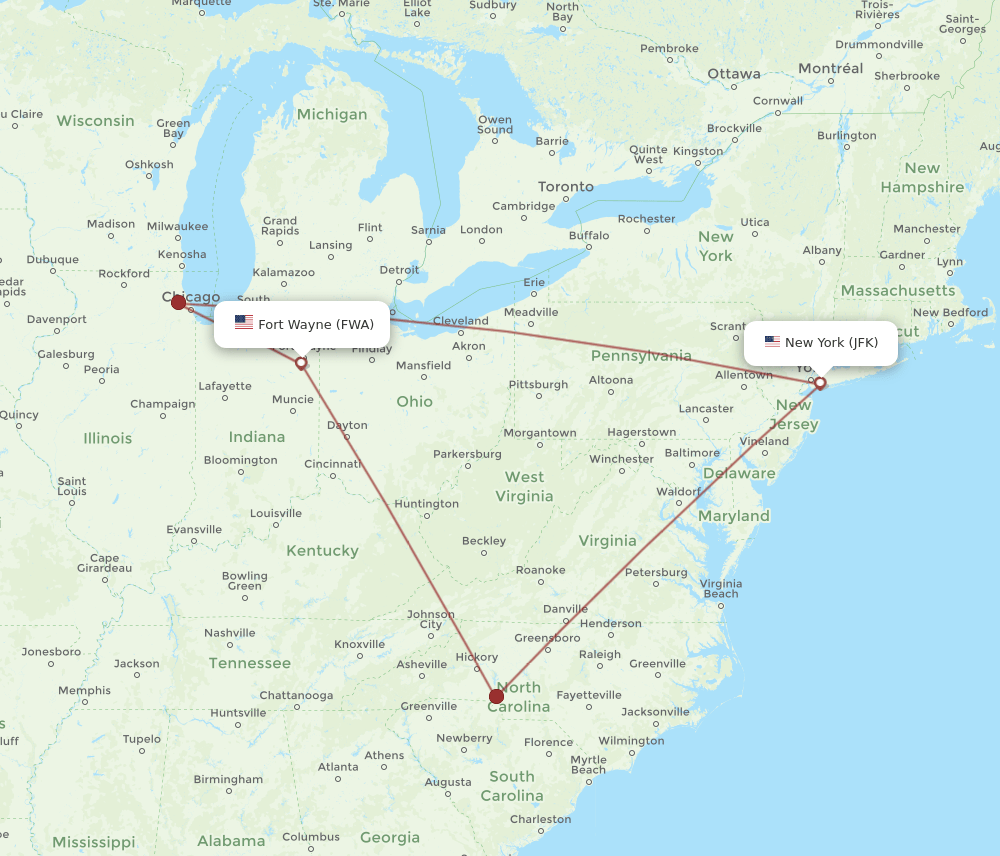FWA-JFK flight routes