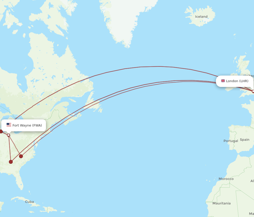 FWA to LHR flights and routes map