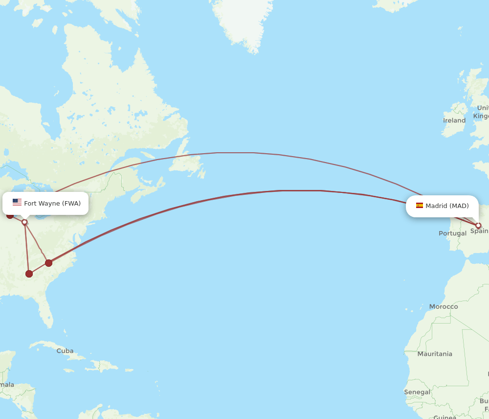 FWA-MAD flight routes