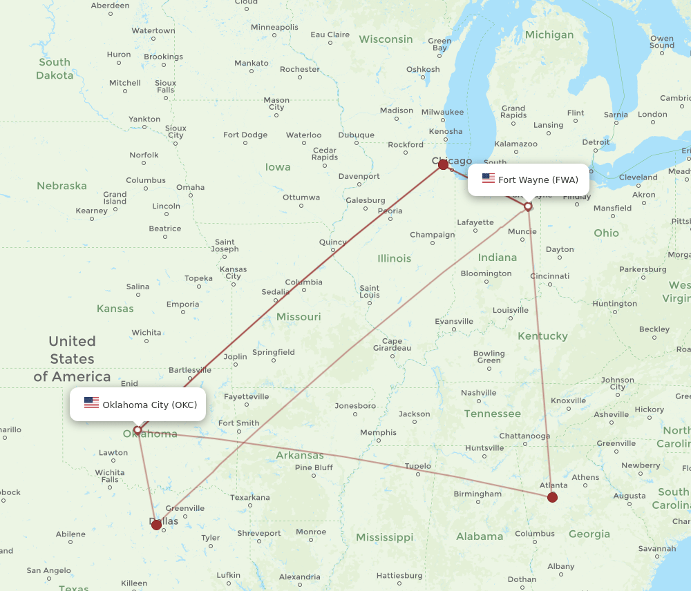 FWA-OKC flight routes