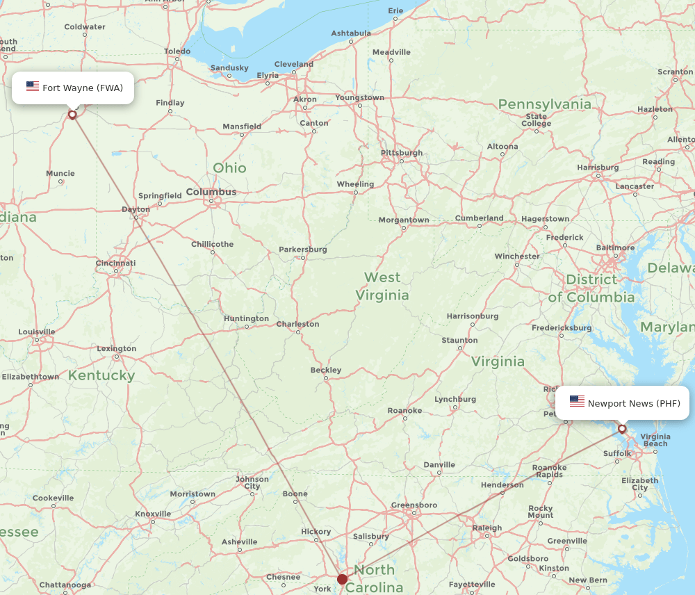 FWA to PHF flights and routes map