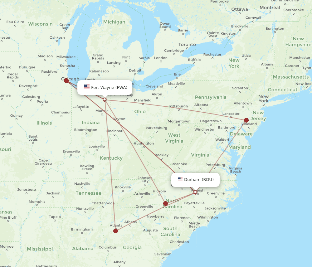 FWA-RDU flight routes