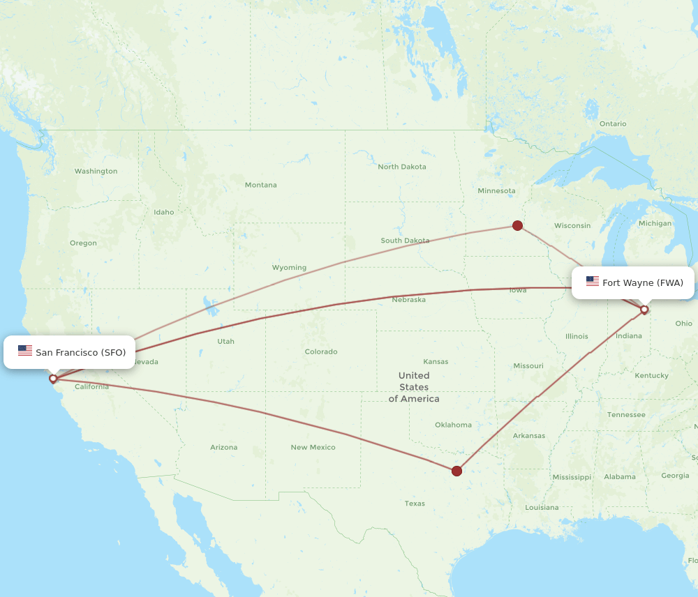 FWA to SFO flights and routes map