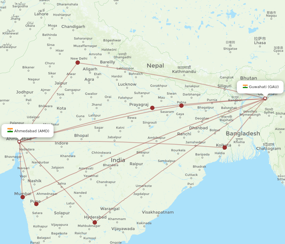 GAU to AMD flights and routes map