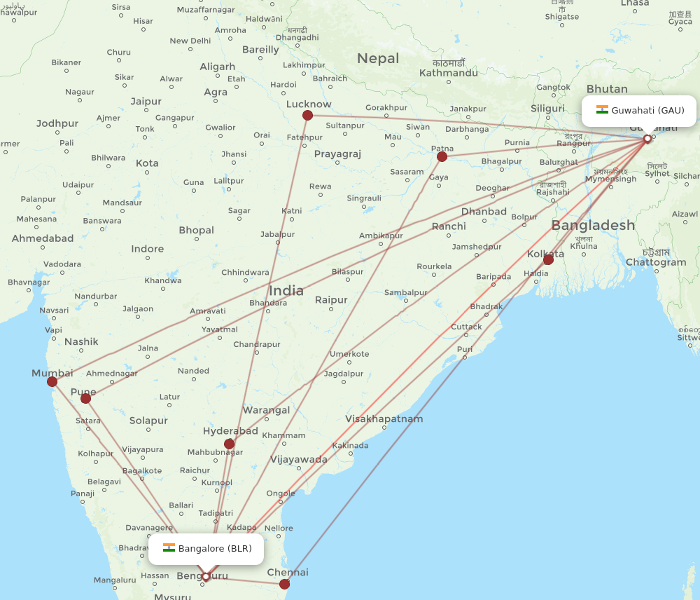GAU to BLR flights and routes map