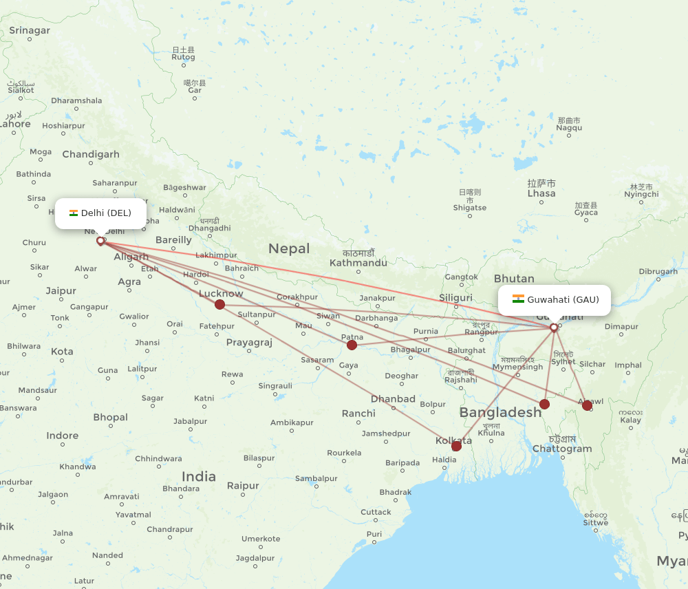 GAU to DEL flights and routes map