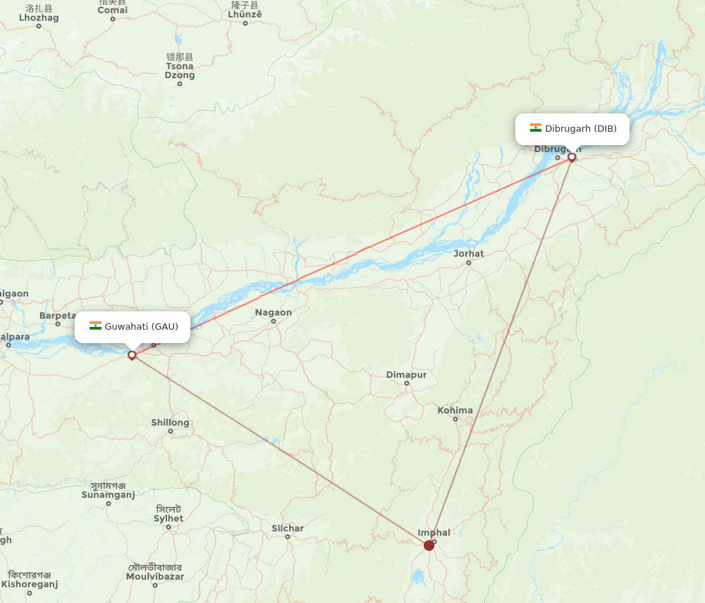 GAU to DIB flights and routes map