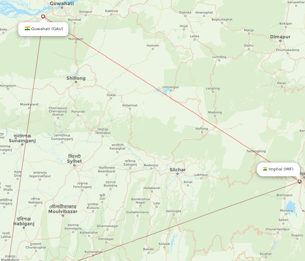 Guwahati - Imphal route map and flight paths