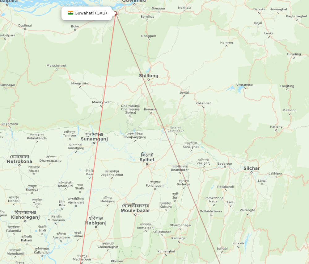Guwahati - Agartala route map and flight paths