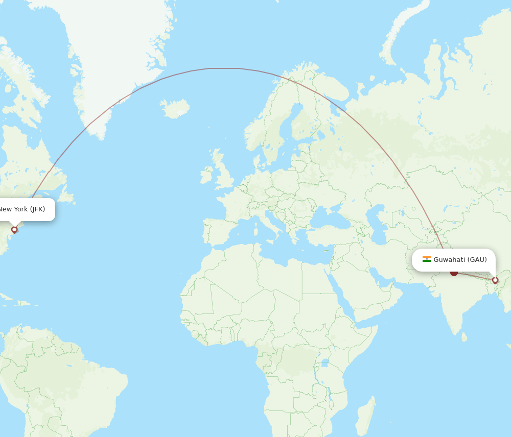New York - Guwahati route map and flight paths