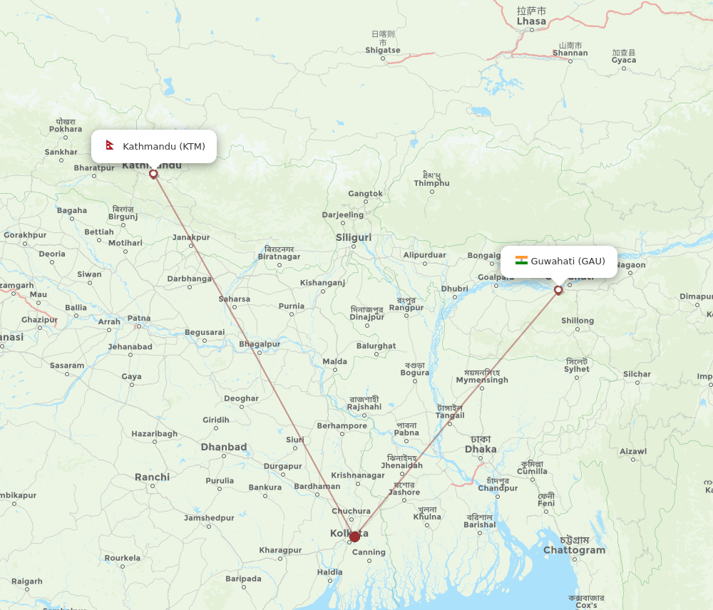 Kathmandu - Guwahati route map and flight paths