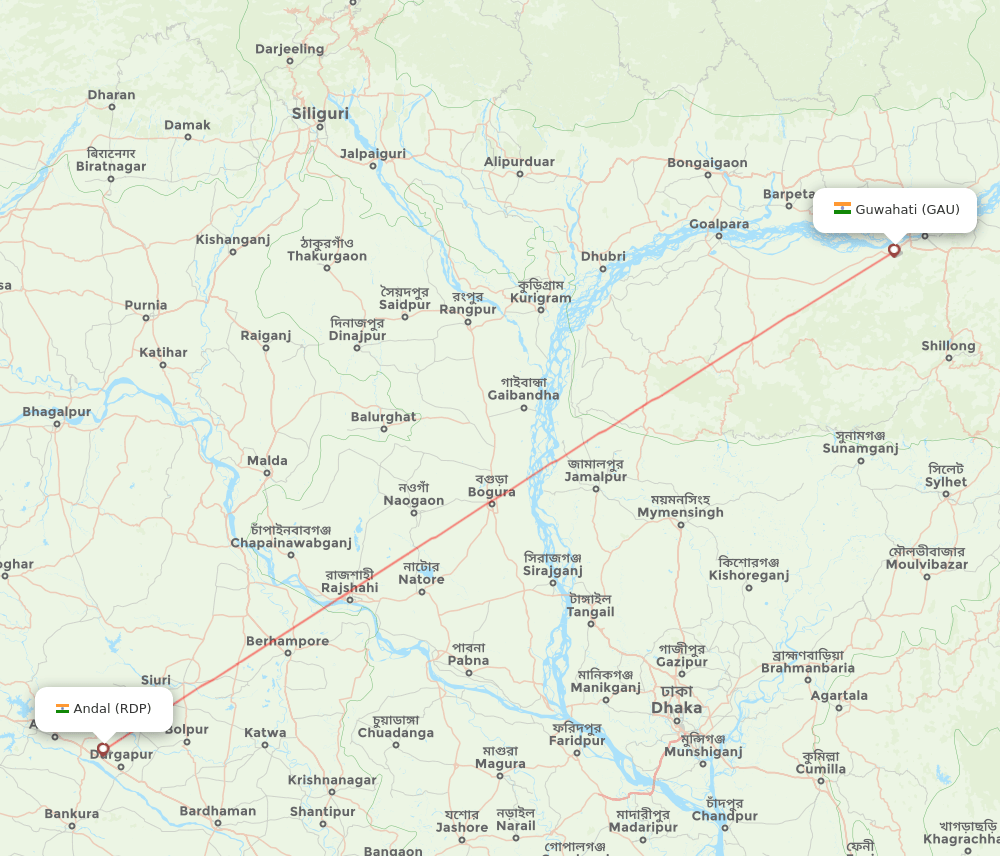 Guwahati - Andal route map and flight paths