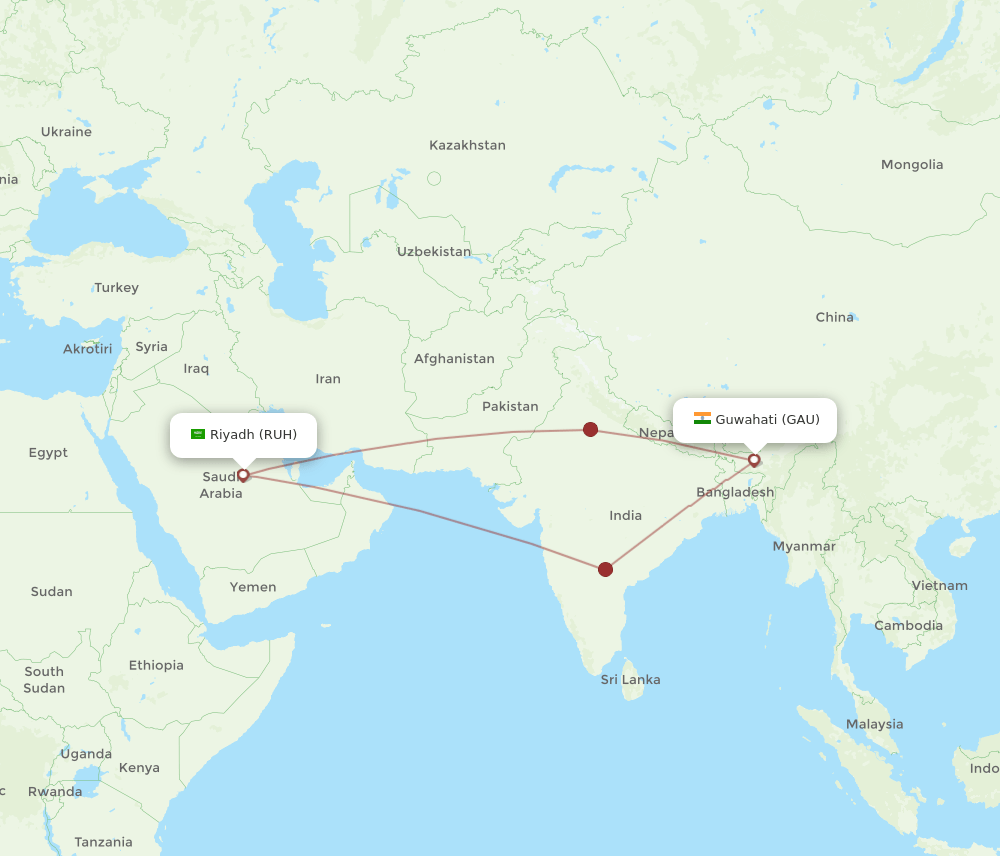 GAU to RUH flights and routes map