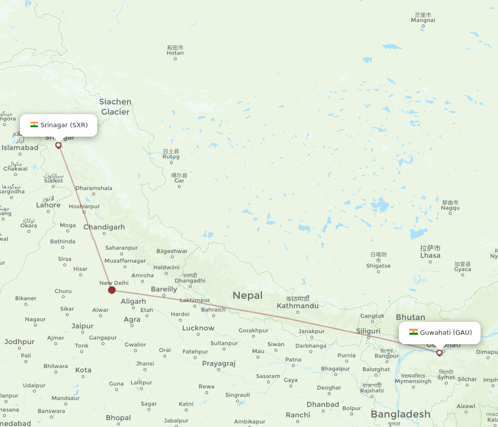 GAU to SXR flights and routes map
