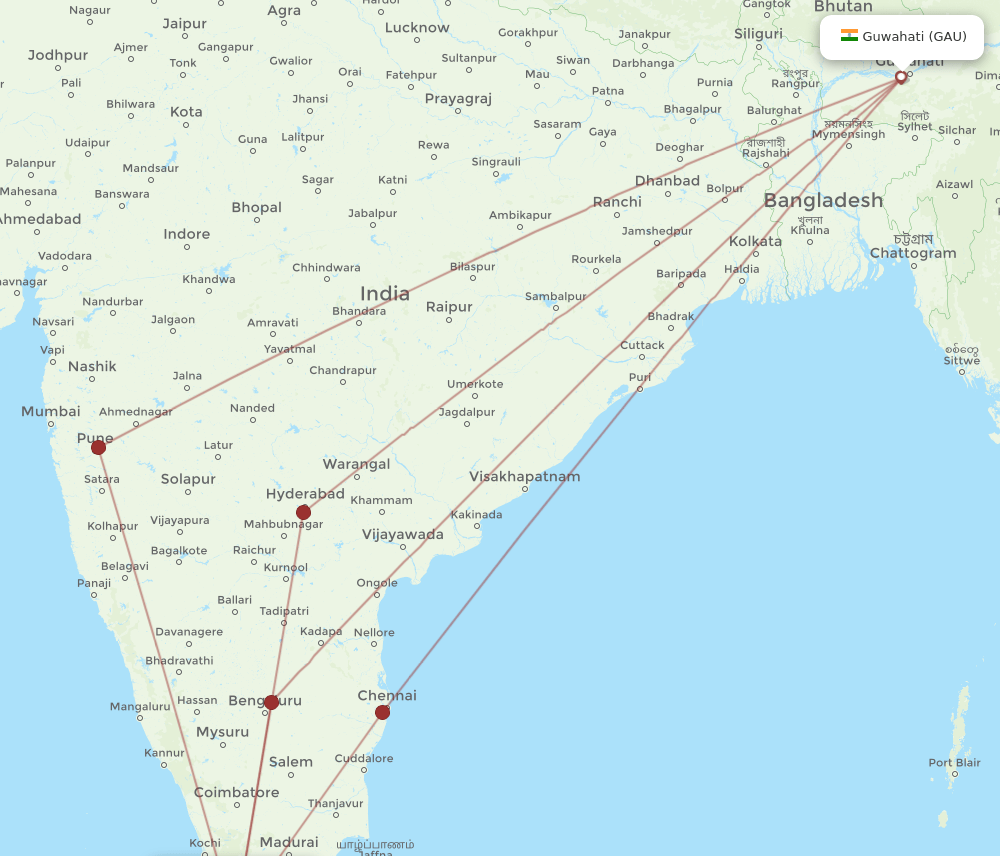 GAU to TRV flights and routes map