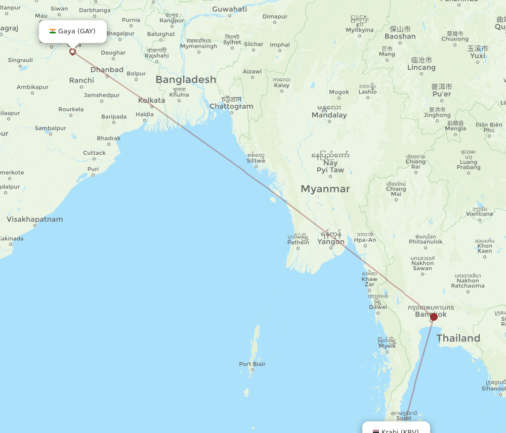 Gaya - Krabi route map and flight paths