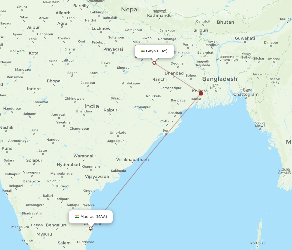 Gaya - Chennai route map and flight paths