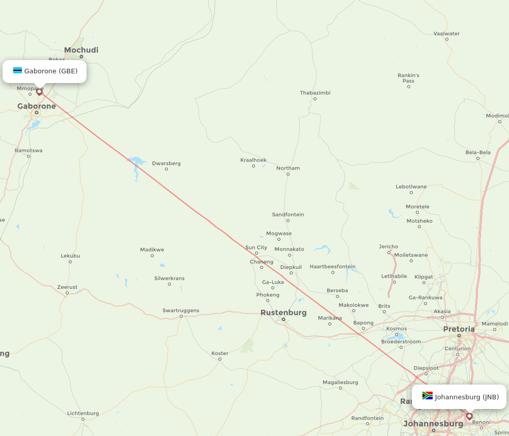 Gaborone - Johannesburg route map and flight paths