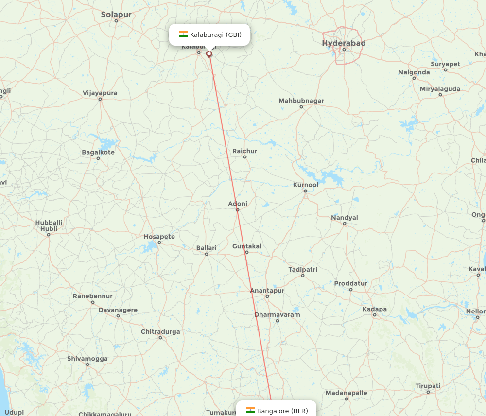 Gulbarga - Bengaluru route map and flight paths