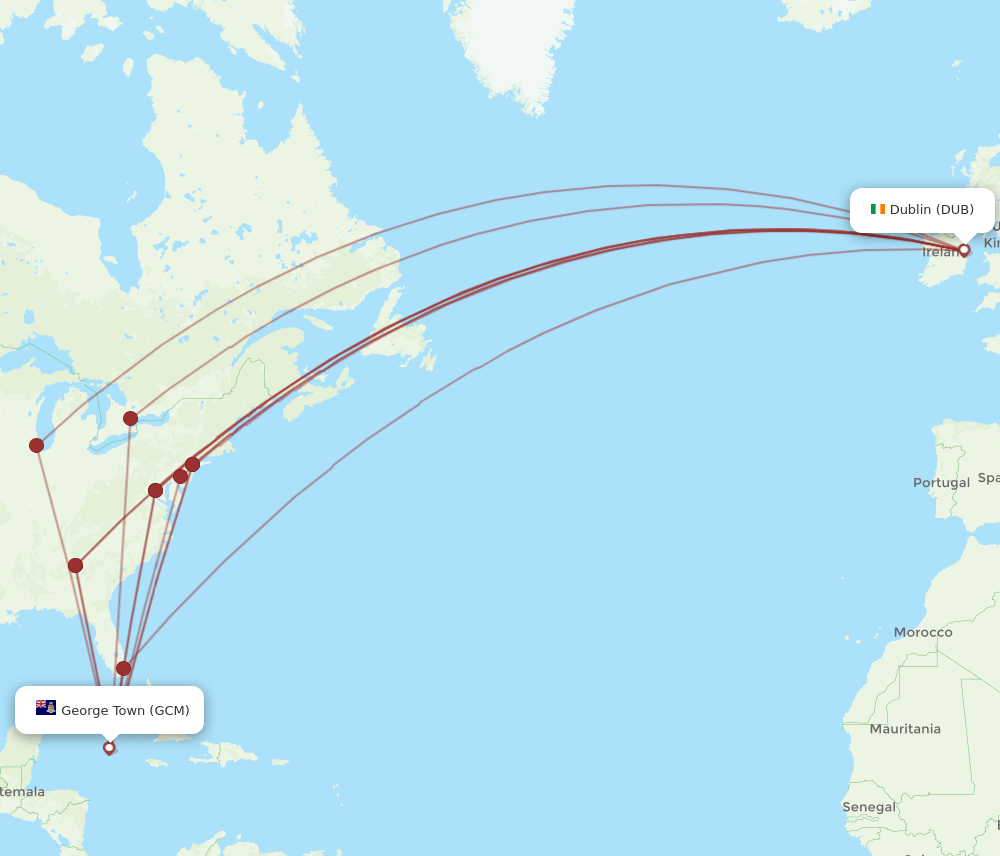 Dublin - Grand Cayman Island route map and flight paths