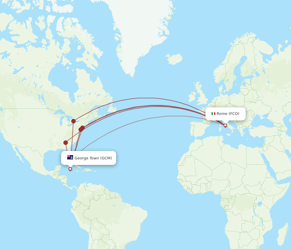 Rome - Grand Cayman Island route map and flight paths