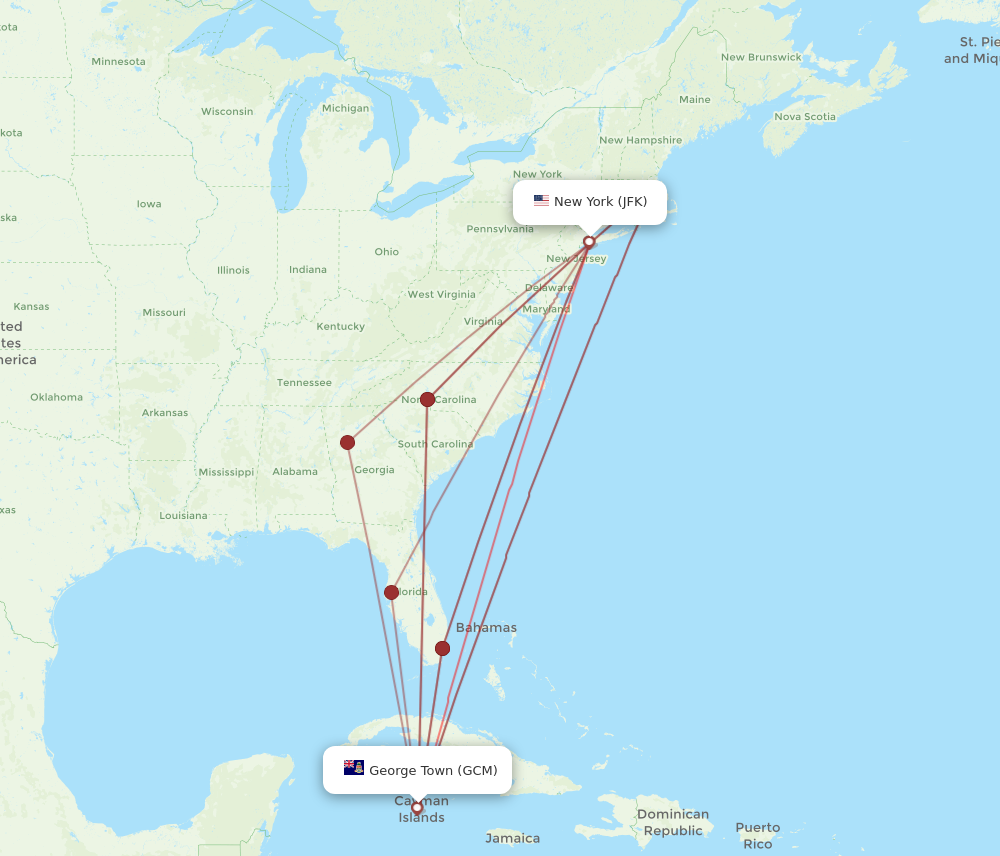 GCM to JFK flights and routes map