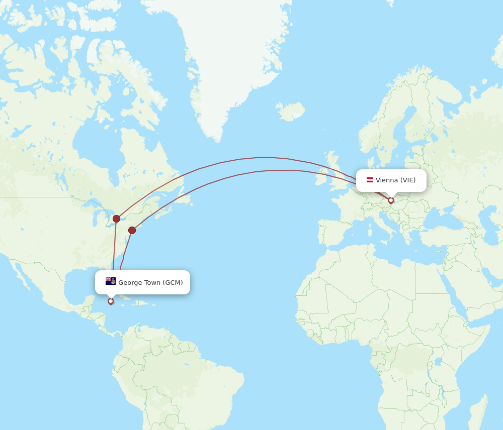 Vienna - Grand Cayman Island route map and flight paths
