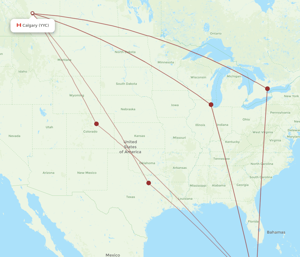 Calgary - Grand Cayman Island route map and flight paths